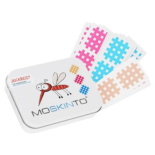 MOSKINTO parches antimosquitos pack familiar de 42 parches de colores en lata Picor, mosquitos, tábanos, abejas, jejenes, cura picaduras, multicolor, 42 uds.