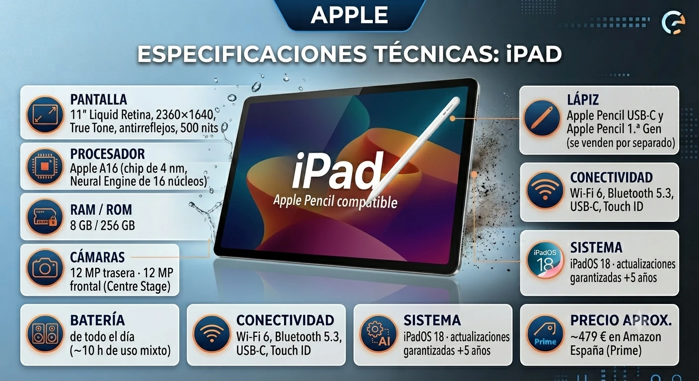 Especificaciones tecnicas tablet Apple iPad de 11 Pulgadas (Chip A16, 256 GB)