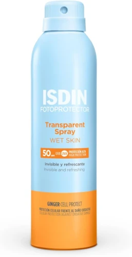 ISDIN Transparent Spray Wet Skin SPF 50 Protector Solar en Spray de Acabado Invisible Eficaz en Piel Húmeda