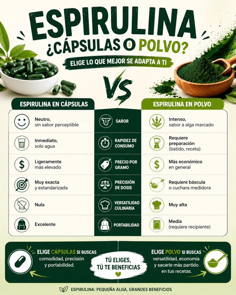 Comparativa Espirulina en capsulas o en polvo