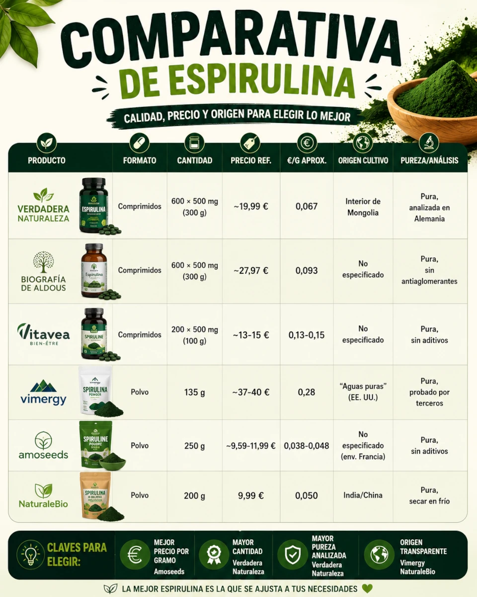 Comparativa diferentes marcas Espirulina en capsulas o en polvo