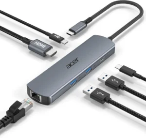 Acer Hub USB C Ethernet de 1000Mbps, Adaptador HDMI 4K@60Hz, 1 USB-C 5 Gbps, 2 USB-A 3.0, PD 100W, Docking Station Multipuerto